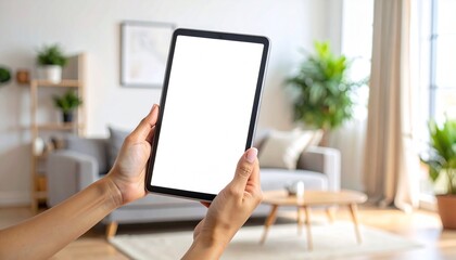 Female Hand Holding Tablet in Cozy Home Interior Setting