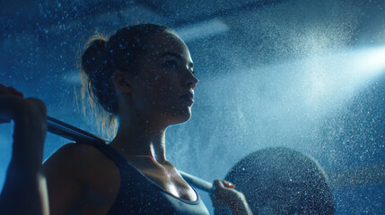 Determined woman lifting weights in gym, surrounded by mist and dramatic lighting, showcasing strength and focus. atmosphere is intense and motivational