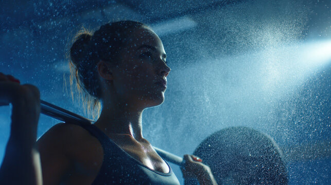 Determined woman lifting weights in gym, surrounded by mist and dramatic lighting, showcasing strength and focus. atmosphere is intense and motivational