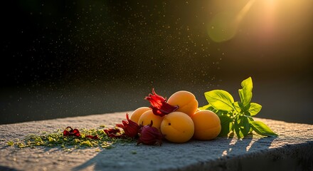 Capture the taste of summer with apricots basil and hibiscus in a golden sunset glow, perfect for healthy recipes or vibrant food photography projects