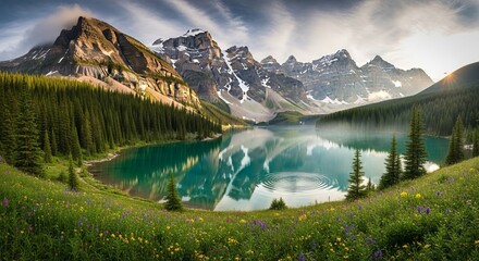 Turquoise moraine lake reflection majestic mountains clear blue sky serene landscape peaceful scene canadian rocky mountains nature's beauty calm water