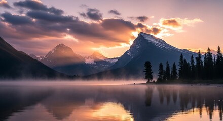 Dramatic sunrise paints mount assiniboine a stunning spectacle of nature reflected on still waters creating tranquil scene framed by dark spruce trees a breathtaking dawn