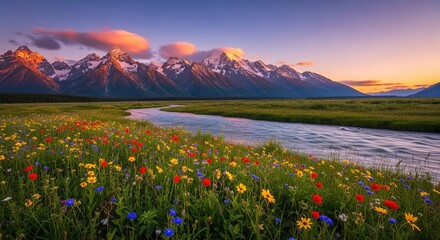 Breathtaking Mountain Range with Wildflower Meadow and River at Sunset Outdoor Nature Scene of Snow Capped Peaks and Colorful Floral Field in Wilderness Area Scenic Vista