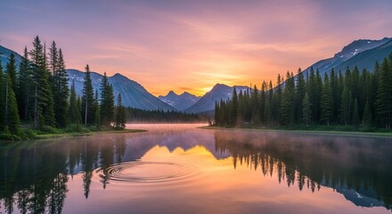 Serene mountain lake at sunrise glows with warm colors reflecting majestic peaks surrounded by dense forest creating peaceful natural vista under colorful sky
