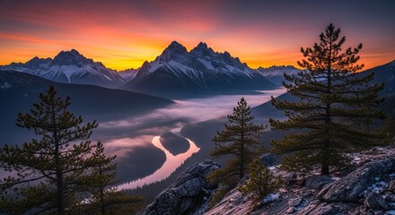 Stunning aerial view of winding river cutting through mountain valley at sunset beneath snow capped peaks with pine trees framing scenic vista in banff national park
