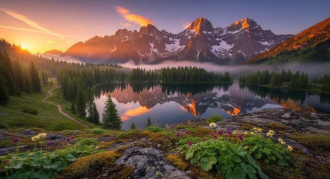 Breathtaking alpine lake reflects sunlight on rugged peaks as wildflowers bloom in foreground creating idyllic mountain scene with clear reflection at sunrise - Powered by Adobe