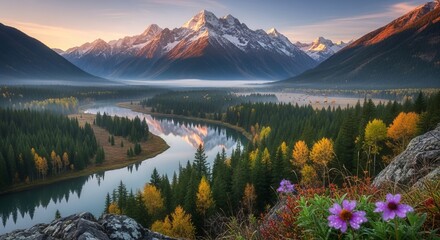 Breathtaking mountain river landscape with reflections of snow capped peaks and autumn colored trees creating stunning nature scene under morning sky and fog