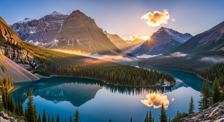 Turquoise Lake Reflecting Mountains and Forest at Sunrise in Banff National Park Landscape with Warm Golden Light and Mist and High Peaks and Clear Blue Water