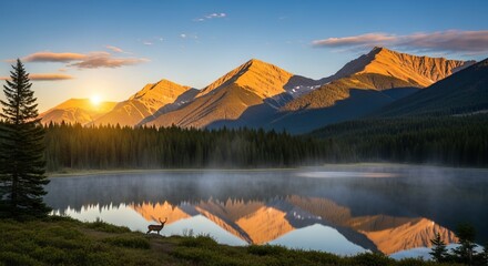 Scenic mountain lake at sunrise featuring golden light reflecting off peaks and tranquil waters with forest and wildlife creating peaceful natural vista
