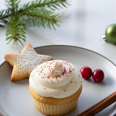 Christmas Cupcake with Red Sprinkles and Cookie on Light Grey Plate 