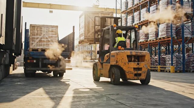 Forklift operator carefully moves a large wooden crate from a truck in a busy warehouse loading dock area under bright sunlight for efficient logistics and transport