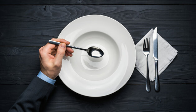 Empty plate ready for dining with utensils on a dark wooden table during an elegant meal setting