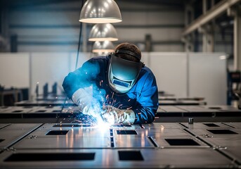 Skilled welder intensely focused on joining metal with bright sparks in industrial manufacturing environment creating innovative solutions for modern construction