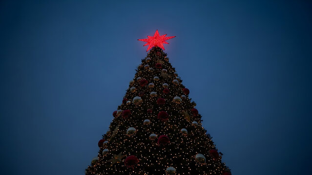Illuminated red star shines brightly on top of a Christmas tree.
