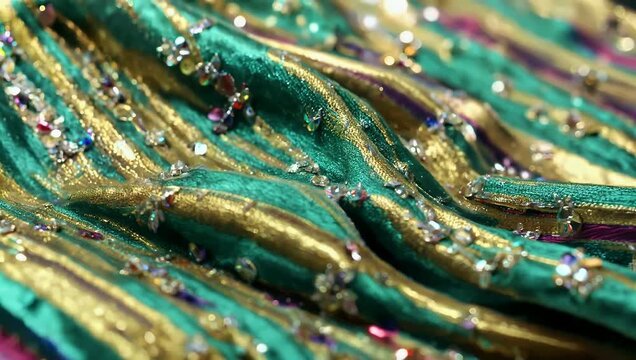 A luxurious premium 4K stock video showcasing an intricate multicolored textile cloth background texture featuring flowing sophisticated waves of fabric in vibrant tones of teal rich green and