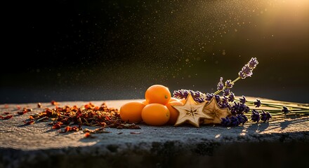 Capture the golden hour with this vibrant arrangement of oranges, starfruit, and lavender basking in the warm glow of the setting sun for a fresh feel