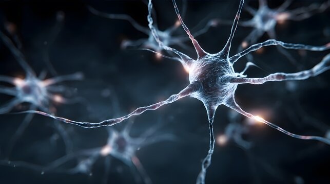 Several glowing neurons extend their branching axons and dendrites against a dark, blurred background.
