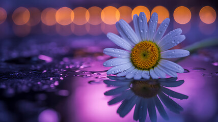 Fototapeta premium A single white daisy with water droplets rests on a reflective purple surface with bokeh lights