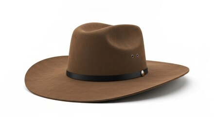 Brown wide-brimmed hat with black band; studio-lit isolated on white background