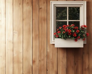 Fototapeta premium Timber wall with classic curtain window, antique hooks, and flower box
