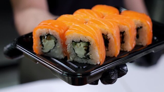 A chef wearing gloves holds up a disposable plate of sliced sushi with salmon in the restaurant's kitchen. The process of making and serving sushi in a restaurant.