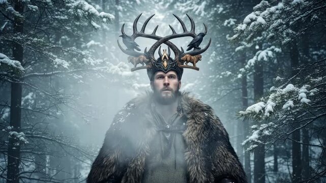 Caucasian man in antler and fur cloak meditating then standing in a snowy winter forest for pagan christmas celebration