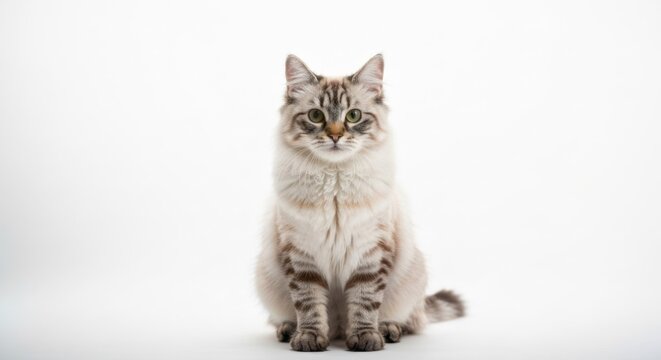Elegant, long-haired cat with striking tabby markings sits attentively