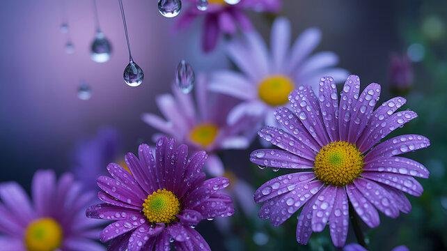 Closeup of vibrant purple daisy flowers covered in sparkling fresh morning dew drops