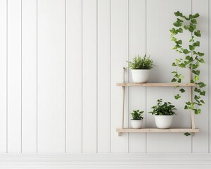 Fototapeta premium Cozy wooden wall with ladder shelf, ceramic pots, and hanging ivy