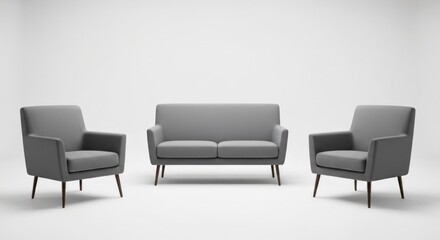 Fototapeta premium Gray loveseat, matching armchairs, dark wood legs sit in a bright white space
