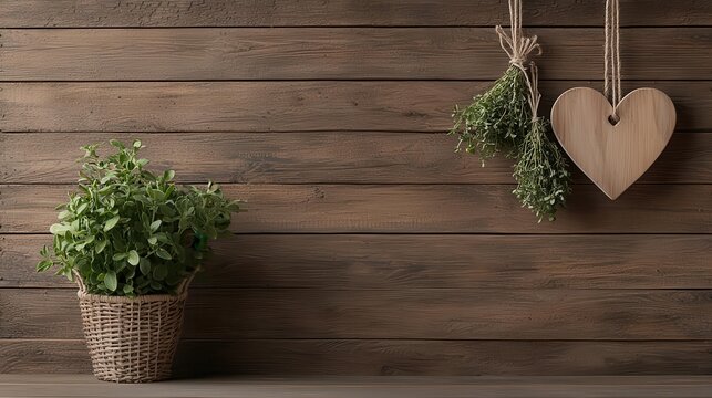 Cozy timber wall with heartshaped window shutters and hanging herb bundles