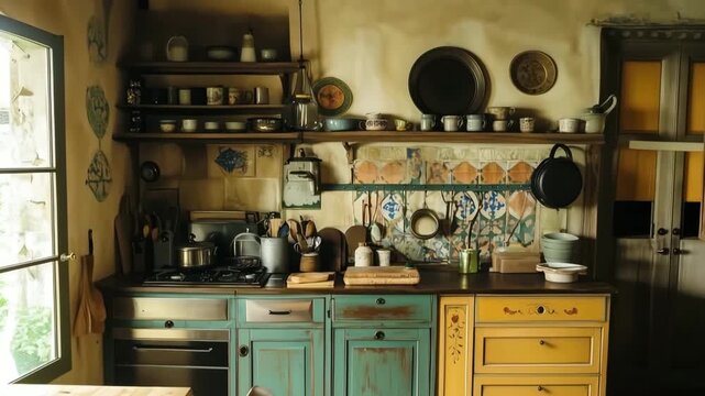 A cozy country french kitchen with rustic decor, featuring wooden cabinets in teal and yellow, a tiled backsplash, and various kitchen utensils and pots arranged on shelves
