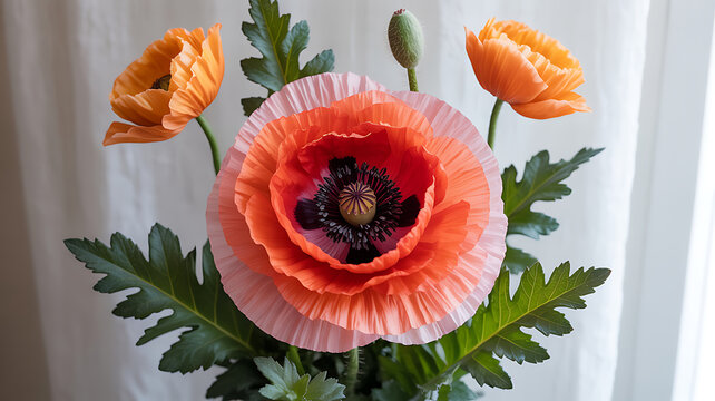 Closeup of a vibrant orange and pink peony poppy flower with dark center and green foliage