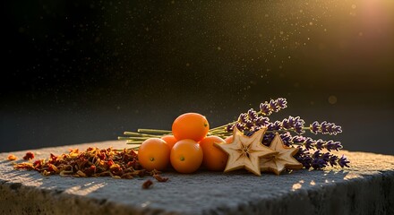 Golden hour glow on fresh oranges and lavender blooms creates a tranquil, elegant, and healthy lifestyle scene with a touch of rustic charm