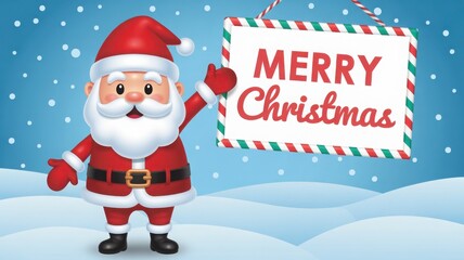 Cute cartoon santa claus holding a merry christmas sign in a snowy winter landscape illustration
