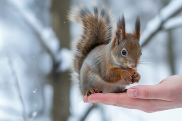 Obraz premium A small red squirrel eating a nut while standing on a person’s hand in a snowy forest, capturing a gentle wildlife interaction with soft winter light.