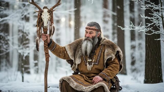Pagan shaman man holding a ritual staff with an antler skull in a snowy winter forest for spiritual ceremony