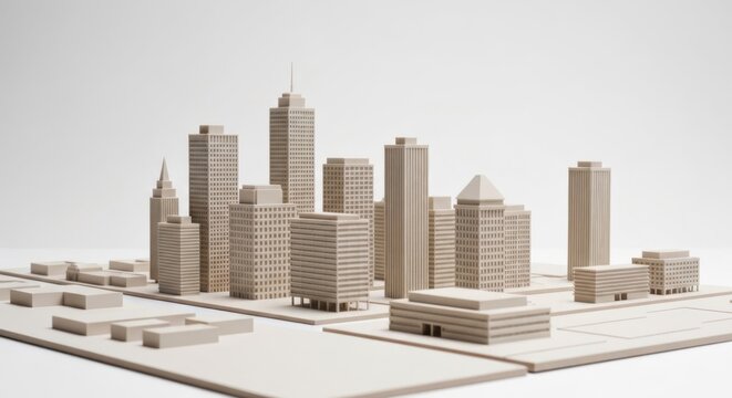 Minimalist model city of tall buildings on white surface in pale lighting