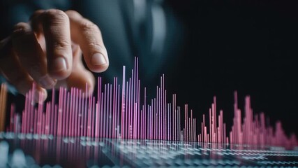 Business analyst hand interacting with touchscreen data visualization displaying colorful bar chart and rising graph analytics with dramatic finance - Powered by Adobe