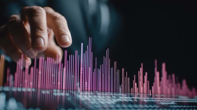 Business analyst hand interacting with touchscreen data visualization displaying colorful bar chart and rising graph analytics with dramatic finance