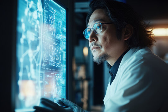 Asian scientist analyzing data on a futuristic computer screen in a lab setting. An Asian scientist examines complex data visualizations on a high-tech computer display, possibly for medical research.
