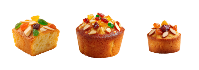 Fruit cake pastry square topped with candied fruit and sliced almond, moist golden crumb and festive garnish
