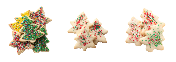Festive sugar cookies tree and star shapes with colorful sprinkles arranged transparency background, cozy holiday treat and celebration spirit