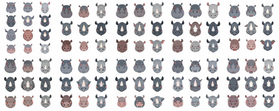 Cute cartoon faces of rhinoceroses and hippopotamuses vector illustration collection on a white background, featuring various expressions for wildlife and kids' design.