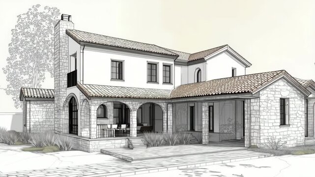 A detailed architectural rendering of a modern country french Mediterranean-style house featuring stone and stucco exteriors, arched doorways, and a tiled roof
