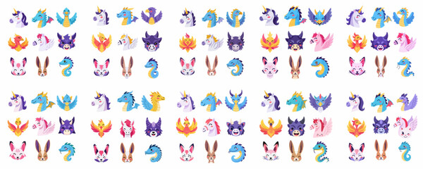 Large collection of cute cartoon mystical creature and animal faces, including unicorns, dragons, phoenixes, and rabbits, set against a white background.
