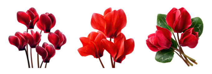 Red cyclamen flower bouquet with red petals and green leaves creating warm romantic mood