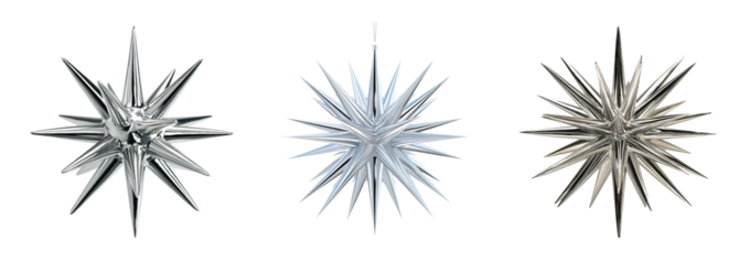 Three metallic star ornament silver hanging star spiky decoration holiday ornament reflective metal 3d object isolated on black decorative pendant