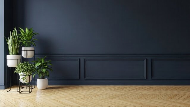 Modern home interior with green plants against a dark blue wall