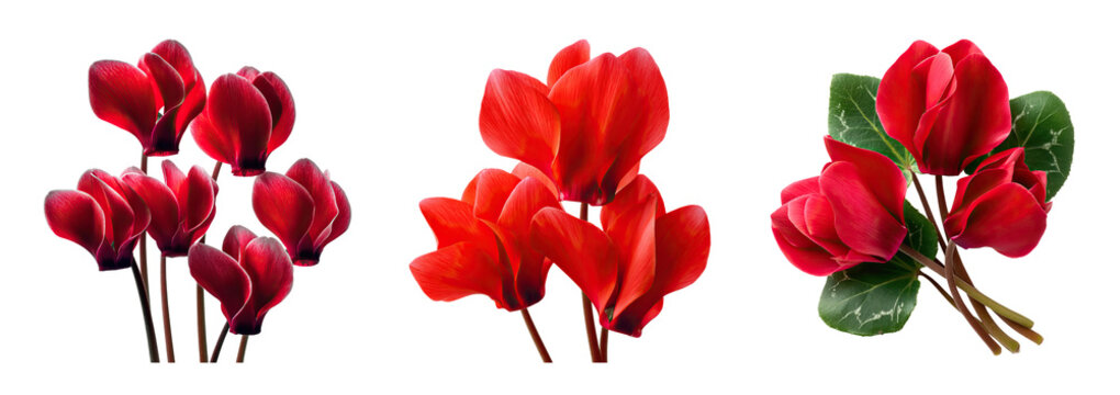 Red cyclamen flower bouquet with red petals and green leaves creating warm romantic mood